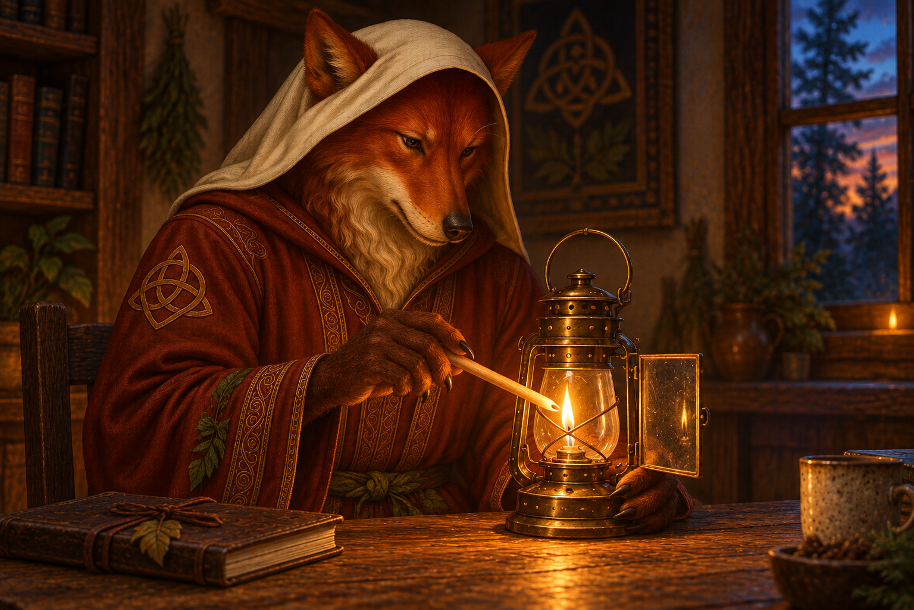 The Flamebearer beside a glowing lantern