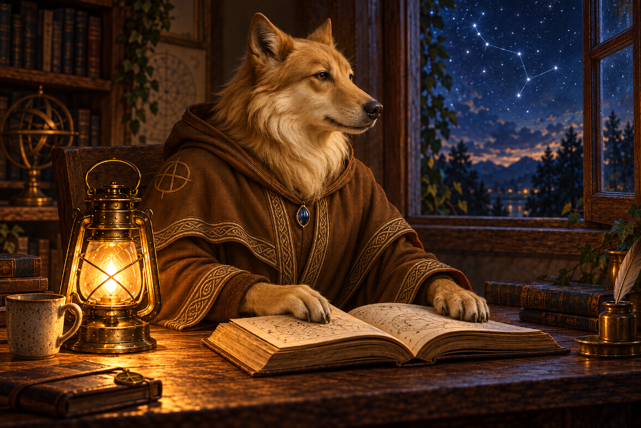 The Mystic beside a glowing lantern