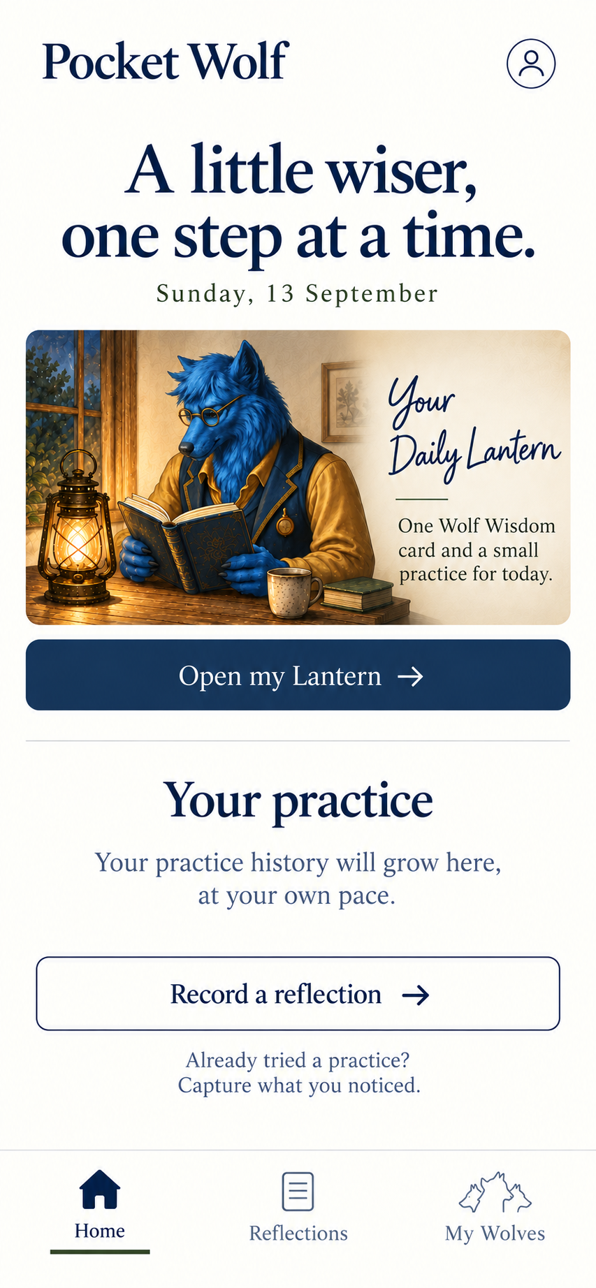 Pocket Wolf app preview showing the Daily Lantern and reflection screens